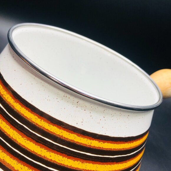 70s Levcoware Vintage Brown Orange Enamel Fondue Pot with Lid Wood Handle Knob - Picture 5 of 9